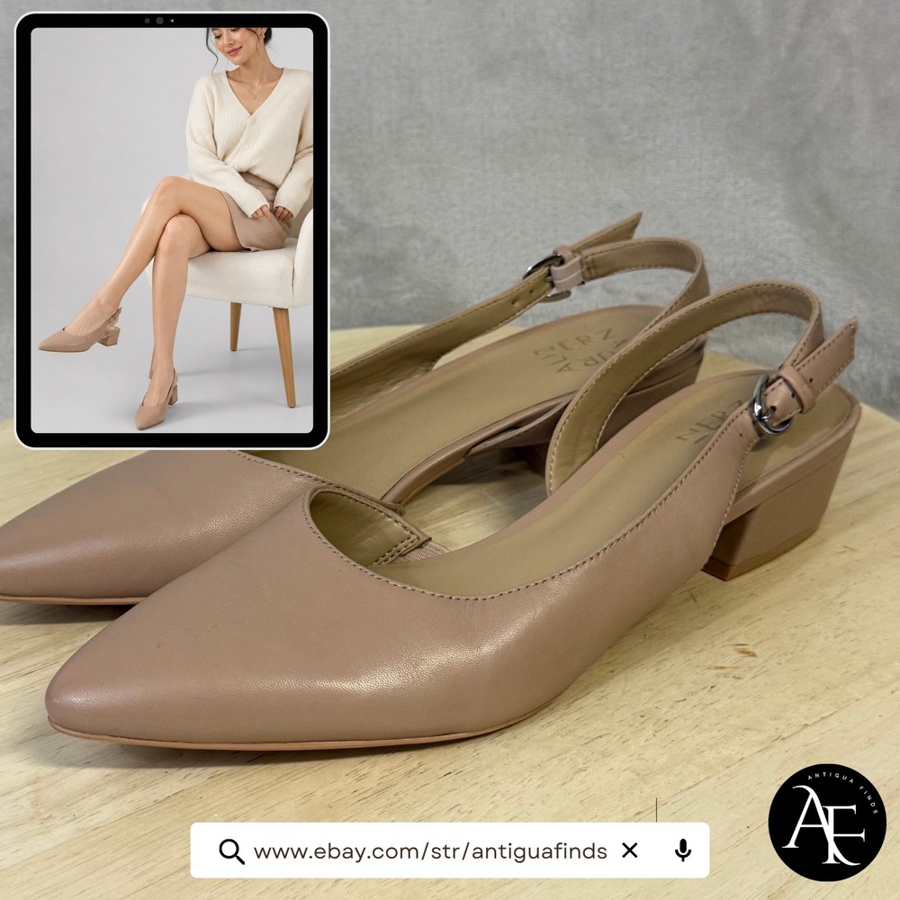 Naturalizer Banks Nude Beige Leather Slingback Block Heel Pumps Womens 8.5 M